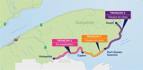 Carte illustrant les trois tronçons du chemin de fer de la Gaspésie entre Matapédia et Gaspé.