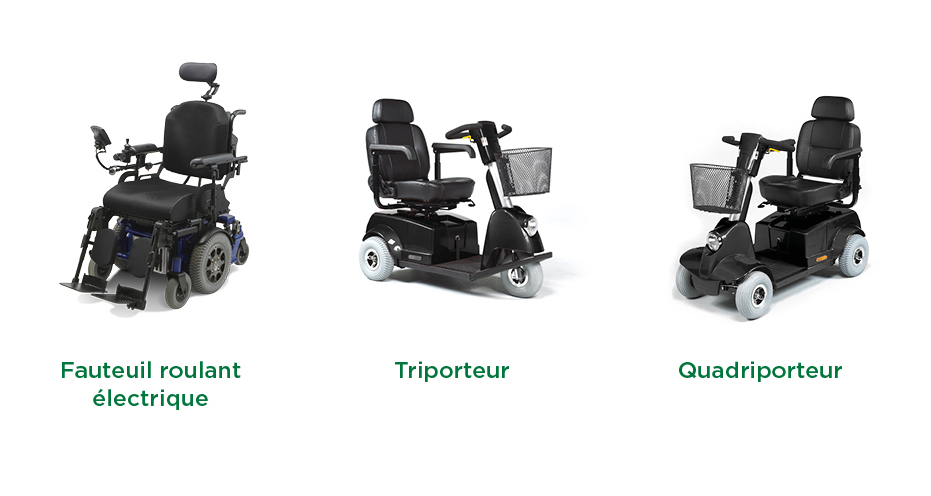 Fauteuil roulant motorisé. Triporteur. Quadriporteur.